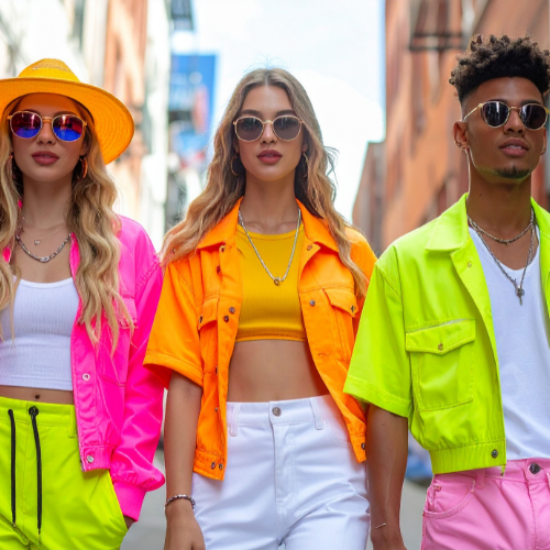 A group of men and women wearing bright colored clothing are wearing a combination of unisex sunglasses while walking down a city street.