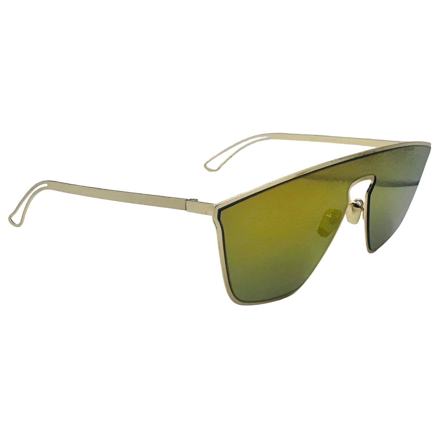 Gold-framed sunglasses with green-tinted lenses on a light gray background