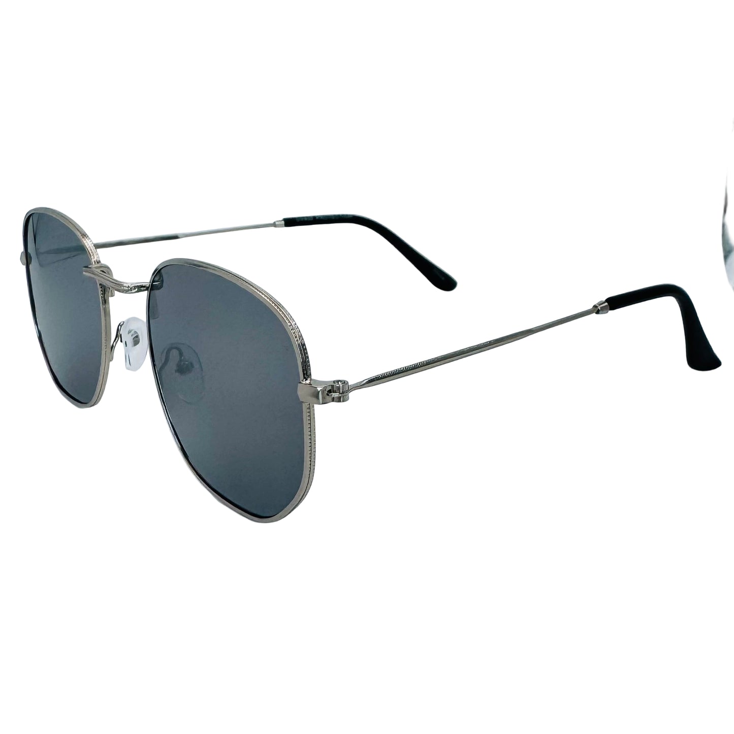 Sunglasses with metallic frame and dark lenses on a light gray background
