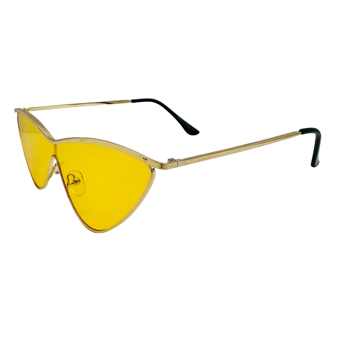 Sunglasses with gold frame and yellow lenses on a white background