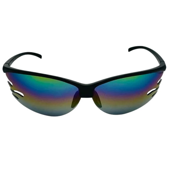 Sunglasses with black frame and multicolored lenses on a white background