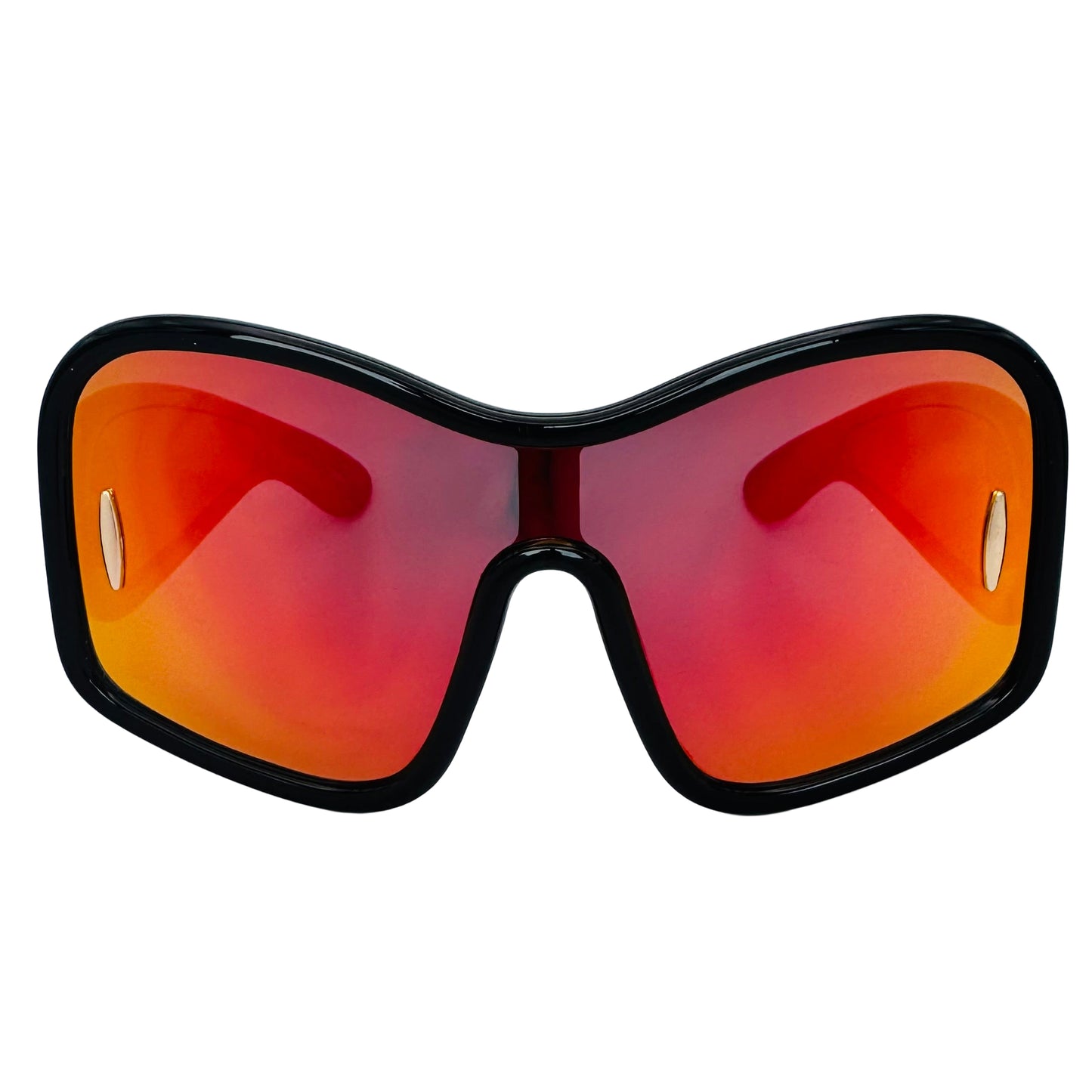 Sunglasses with black frame and red-orange lenses on a light gray background