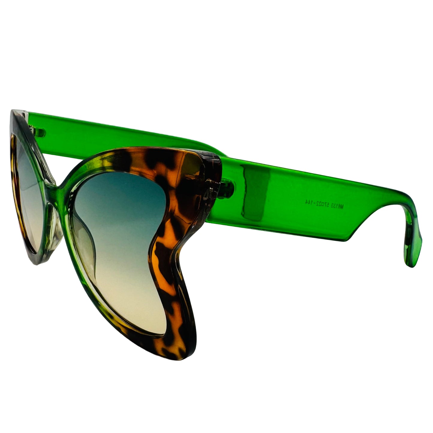 Sunglasses with green frame and tortoiseshell arms on a white background