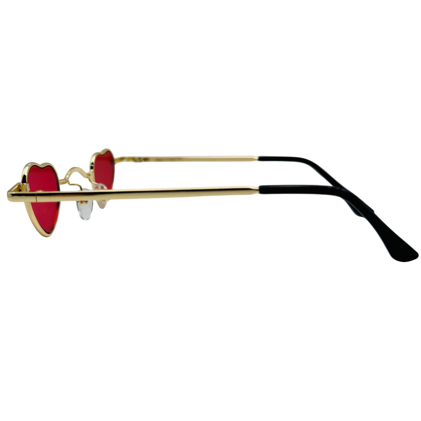 Sunglasses with gold frame and red lenses on a white background