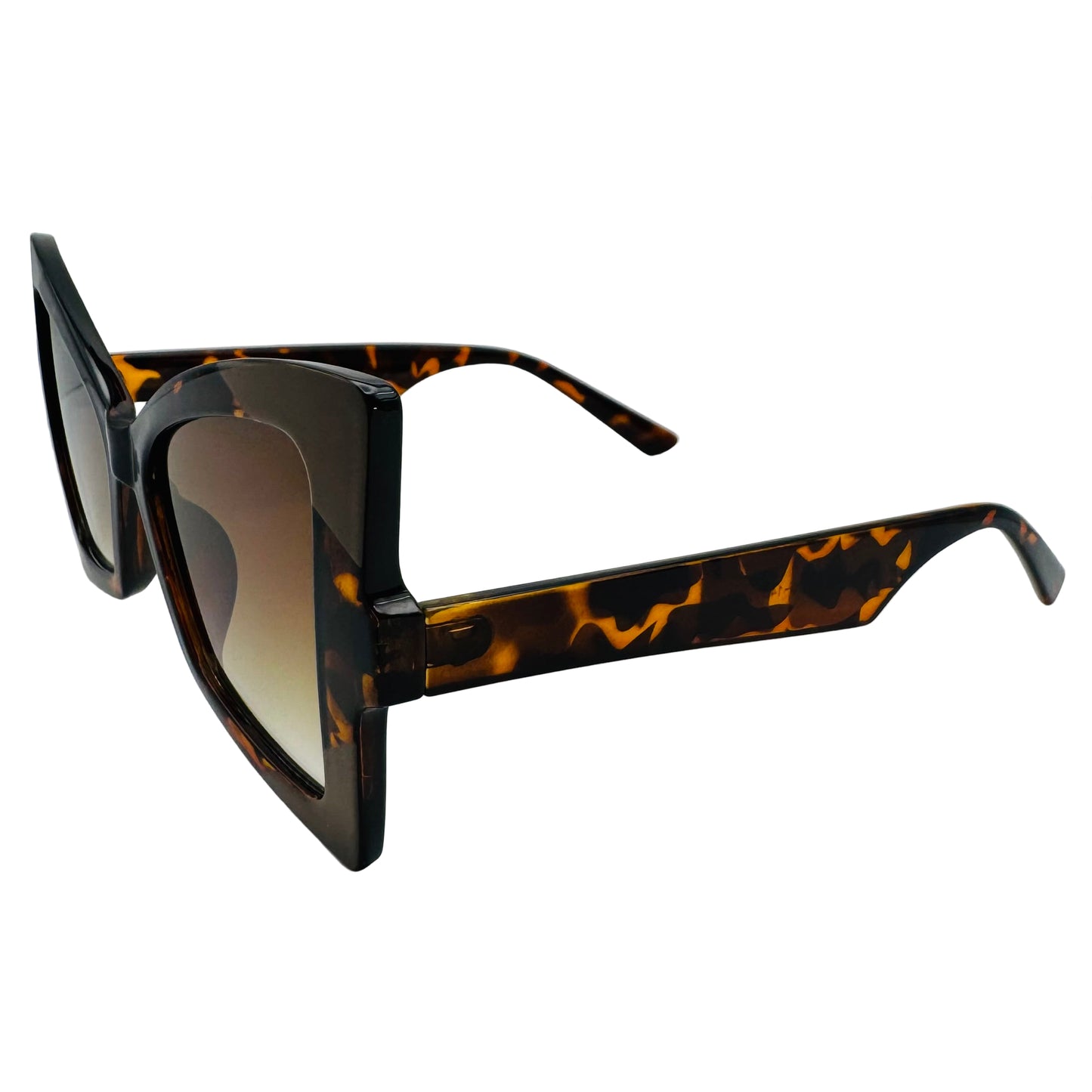 Sunglasses with tortoiseshell frame and dark lenses on a white background