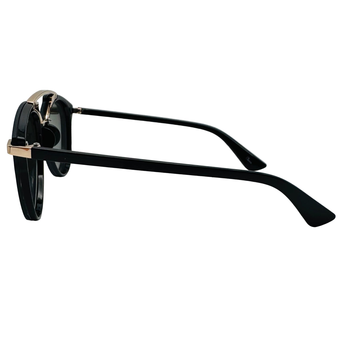 Black sunglasses with gold accents on a white background