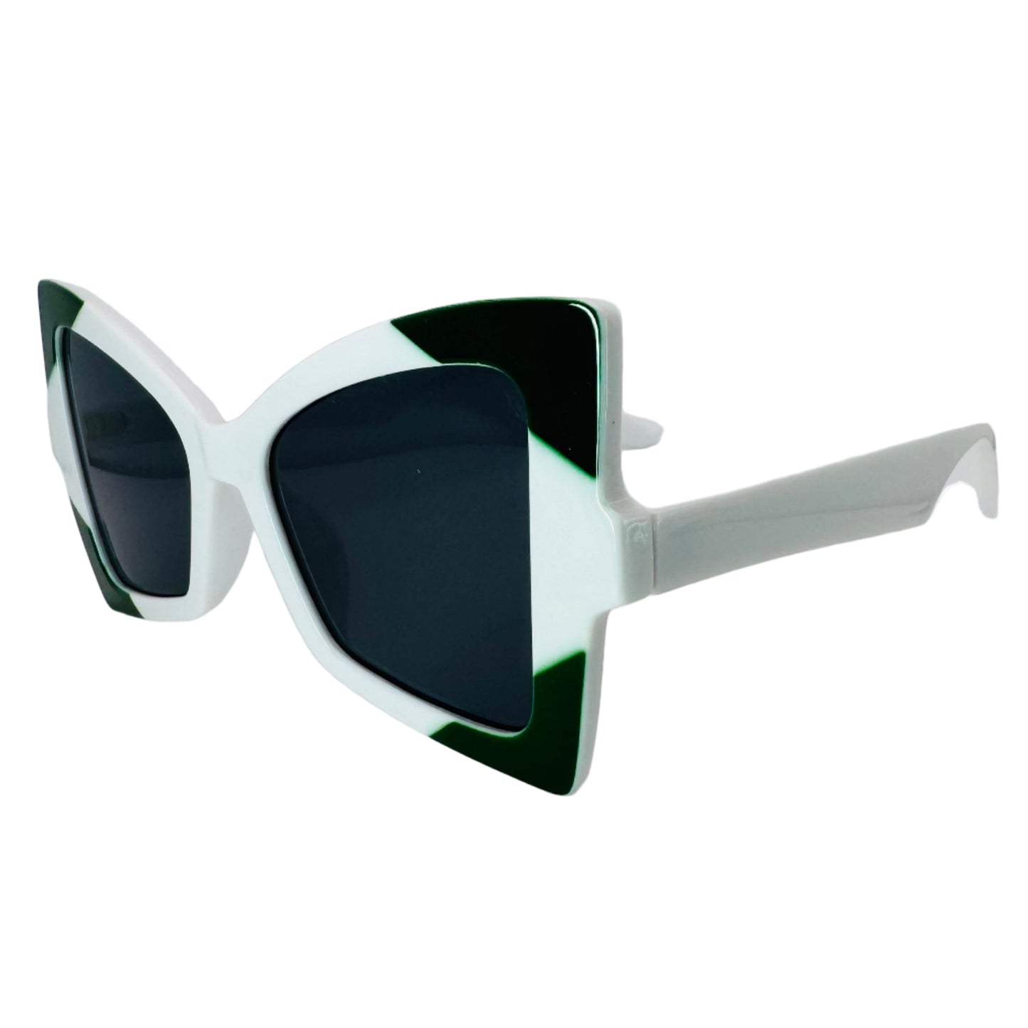 Sunglasses with white frame and black lenses on a white background