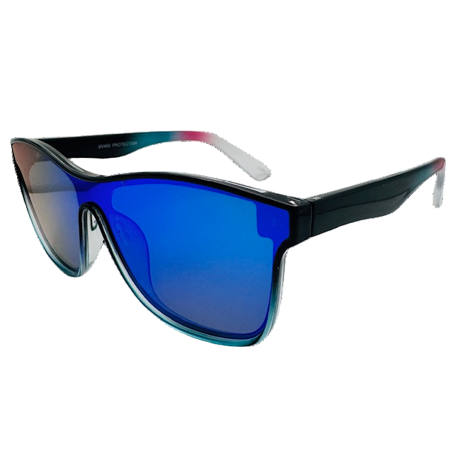 Sunglasses with blue lenses and black frame on a white background
