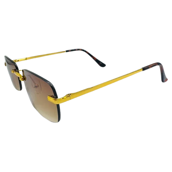 Sunglasses with gold frame and black sides on a white background