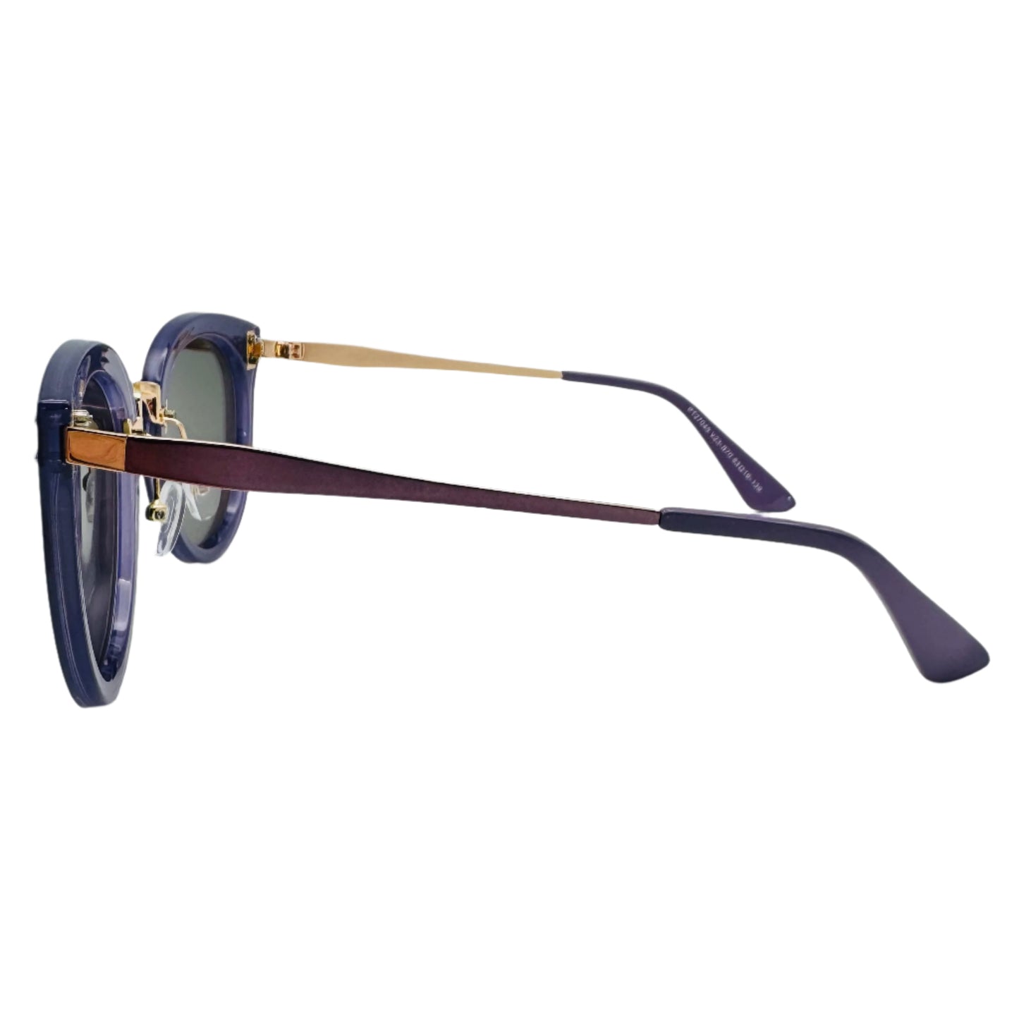 Sunglasses with purple and gold frame on a light gray background
