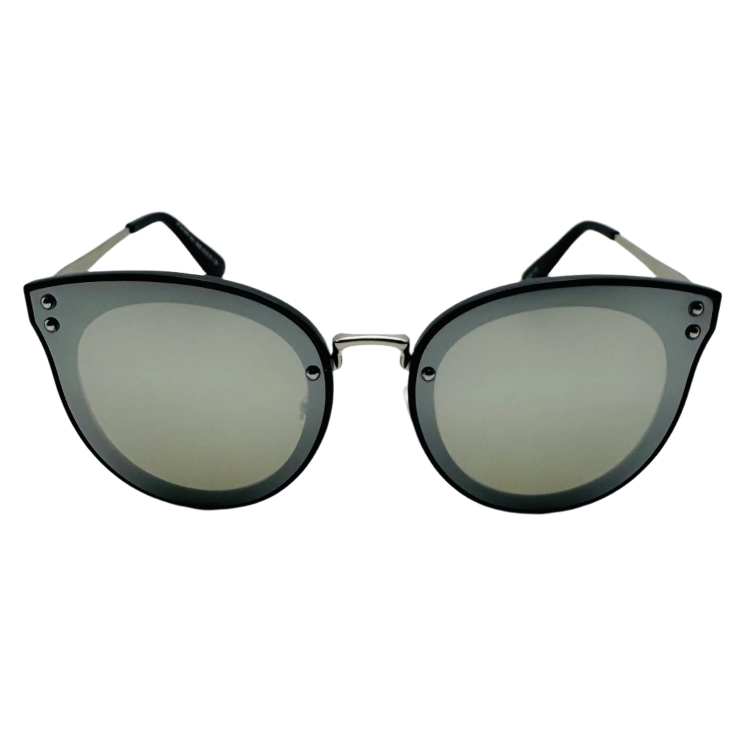 Cat-eye sunglasses with black frames and reflective lenses on a light gray background