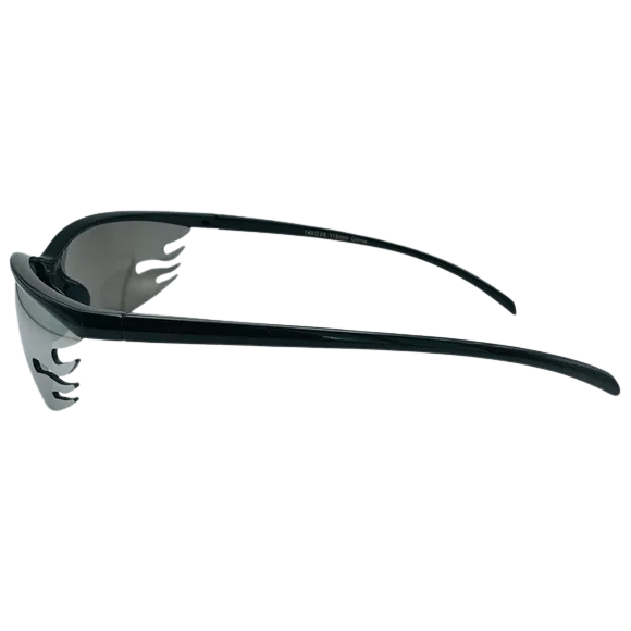 Black safety glasses with clear lenses on a white background