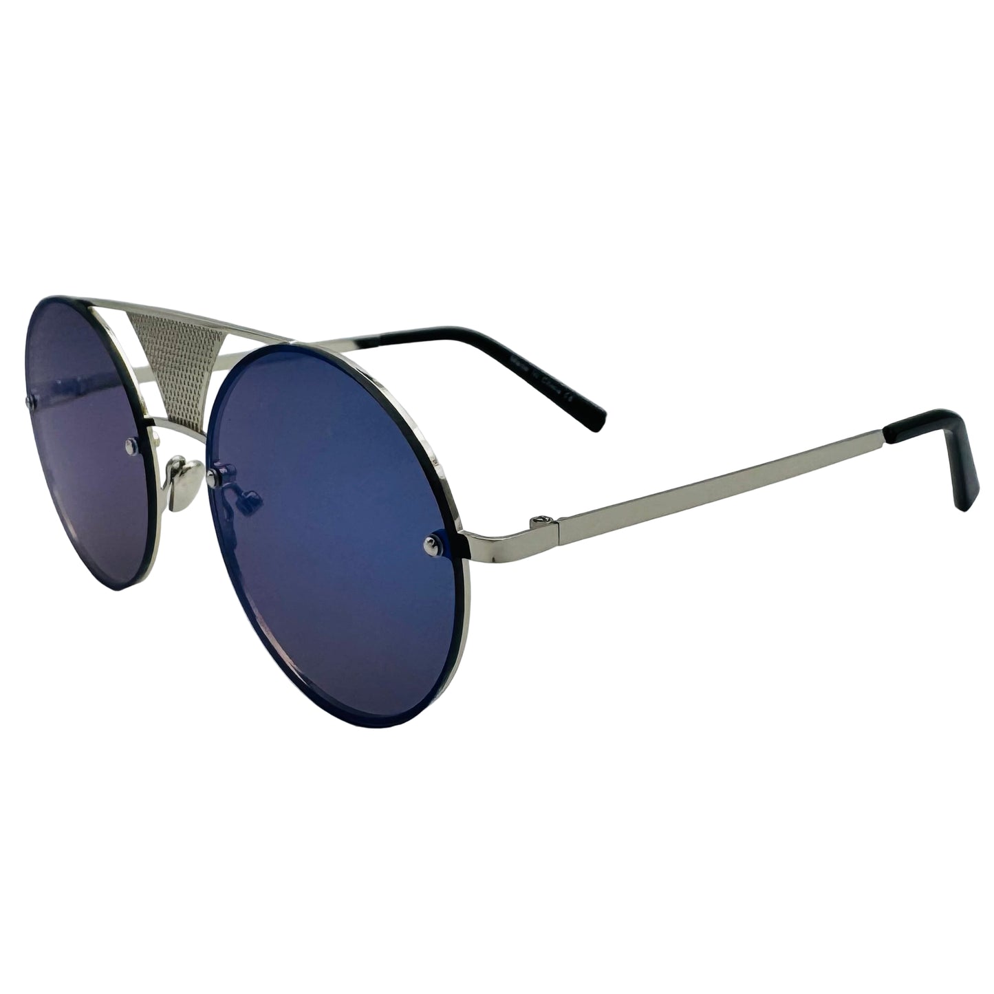 Sunglasses with blue lenses and silver frame on a light gray background