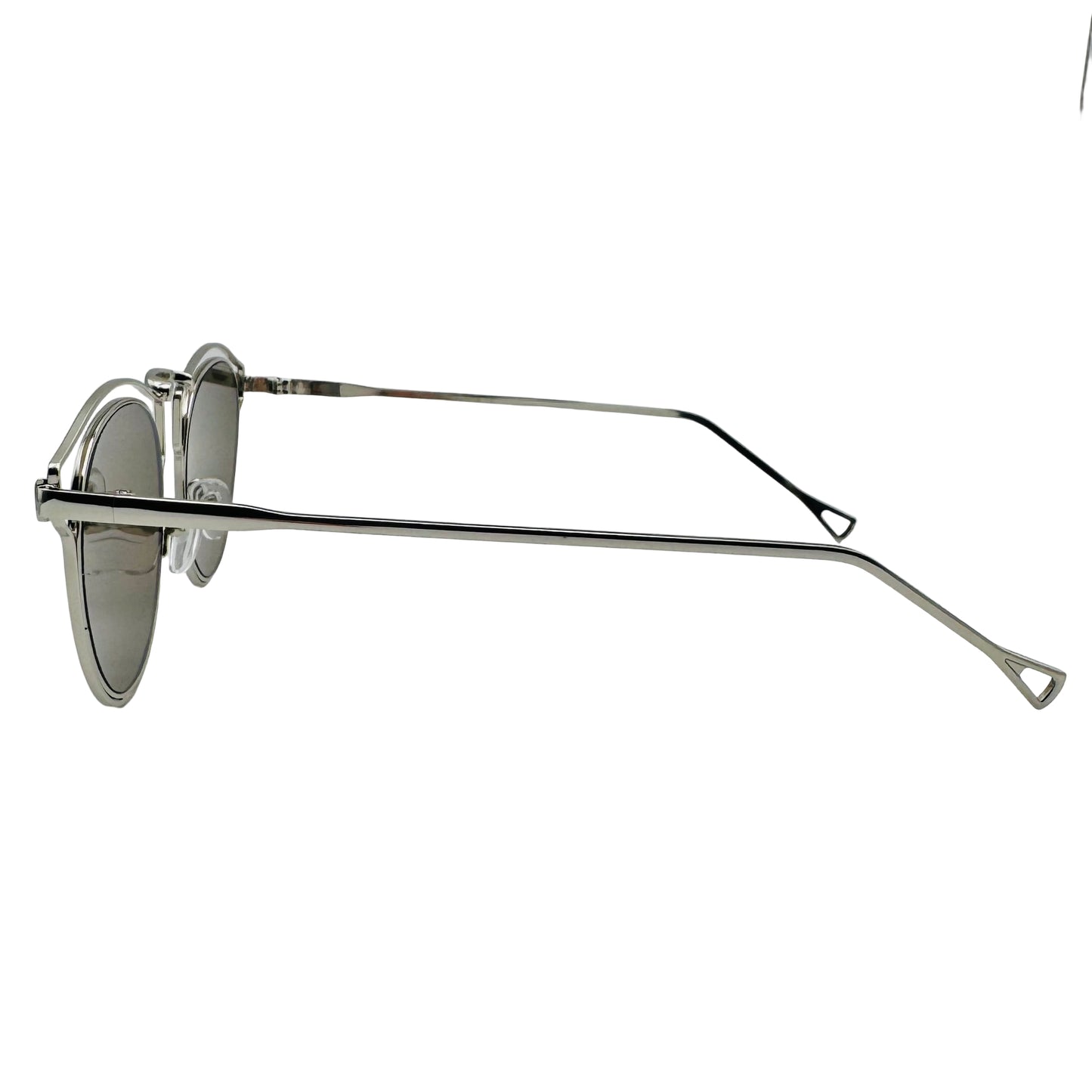 Silver sunglasses on a light gray background