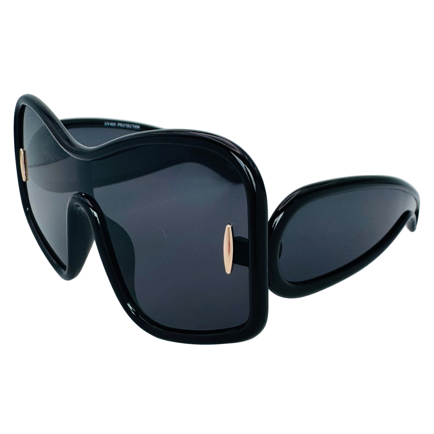 Black sunglasses with a reflective surface on a light gray background