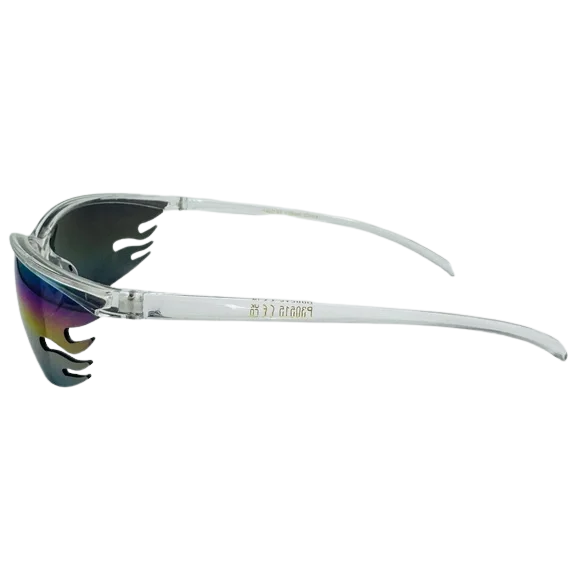 Sunglasses with colorful frame and reflective lenses on a white background