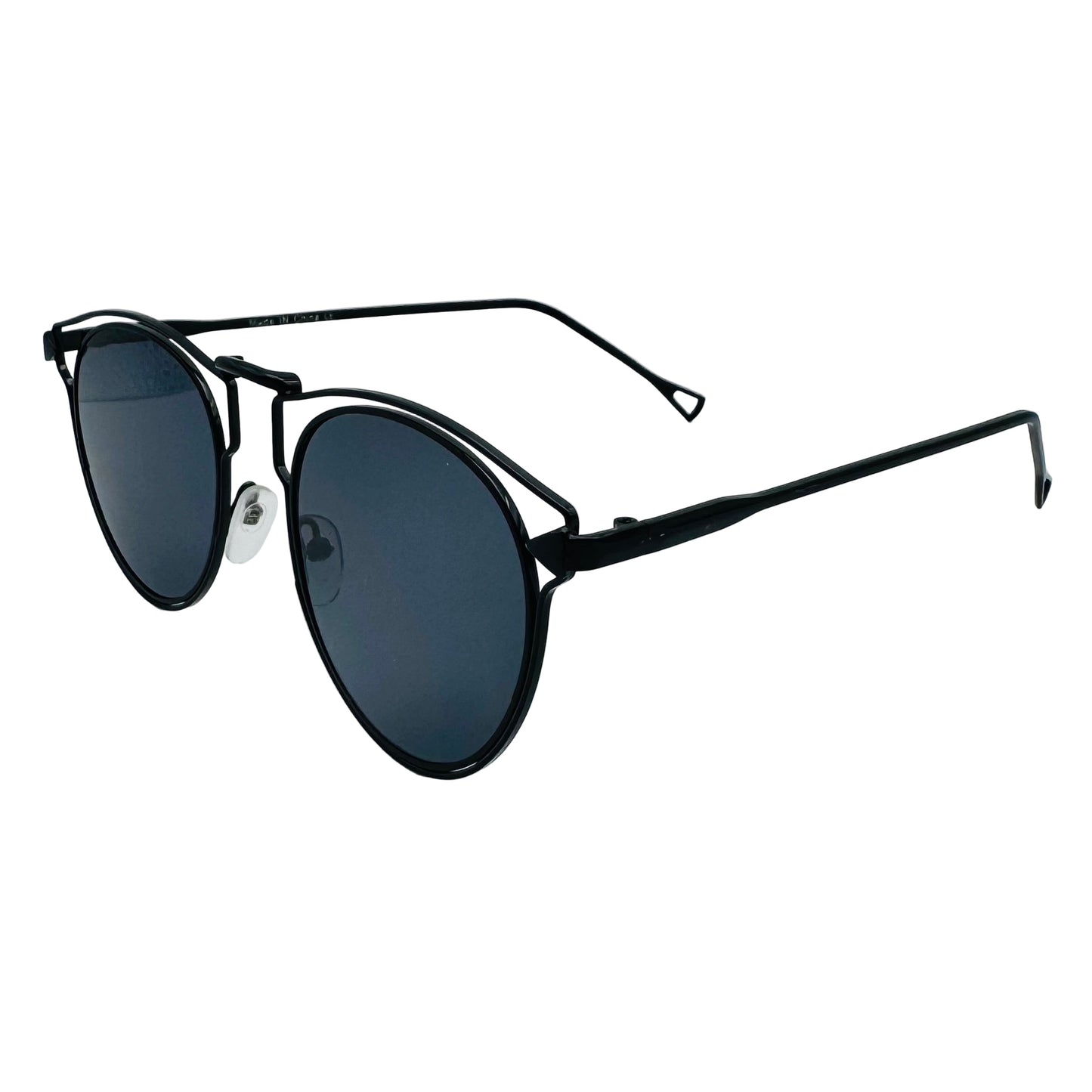 Black sunglasses with dark lenses on a light gray background