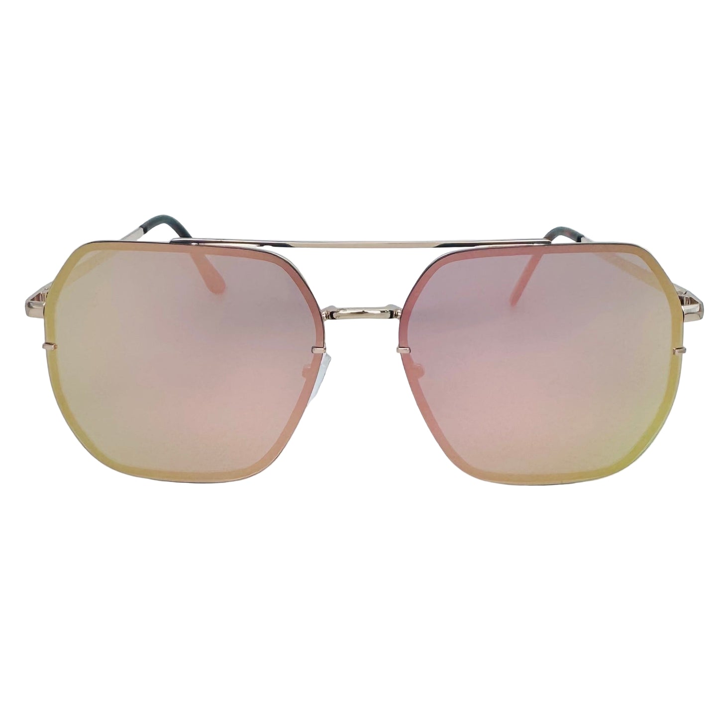 Sunglasses with gold frame and pink-tinted lenses on a light blue background
