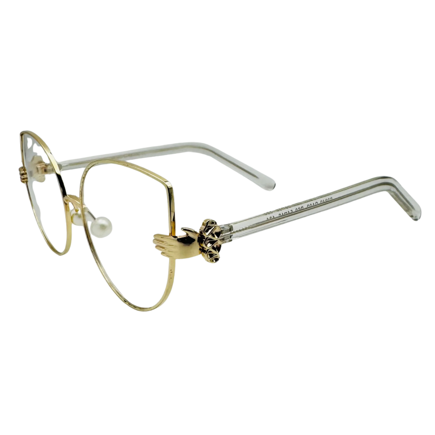 Gold and silver cat-eye glasses on a white background