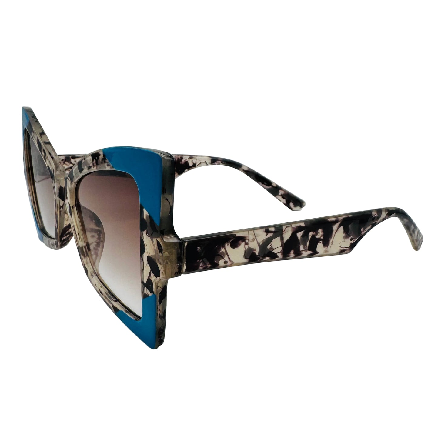Sunglasses with a blue frame and patterned arms on a white background
