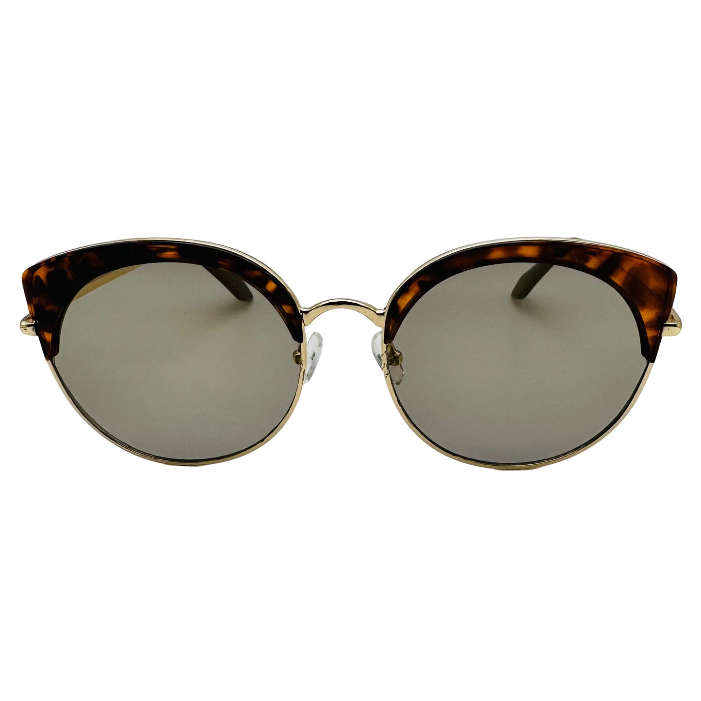 Sunglasses with tortoiseshell frame and reflective lenses on a white background