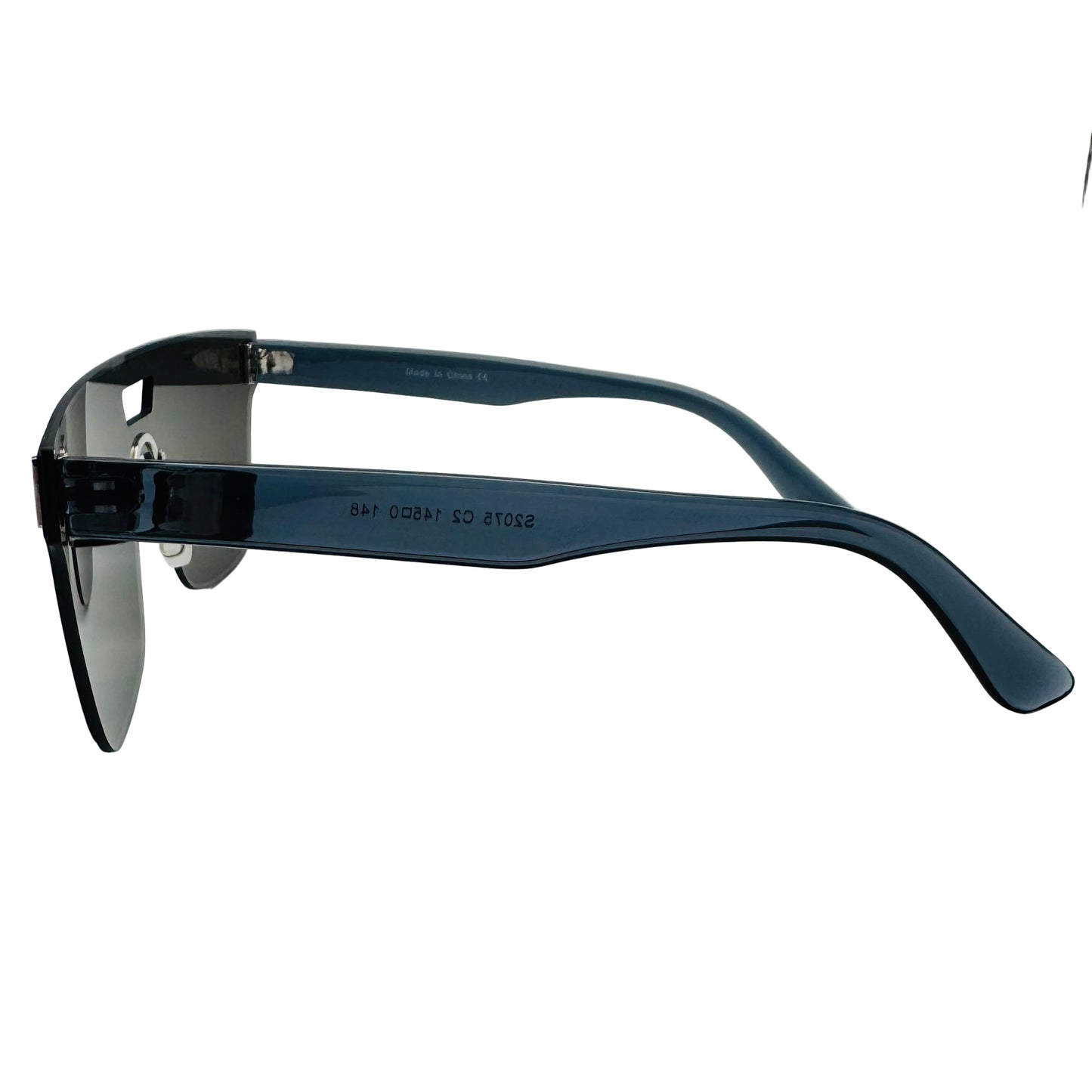 Black sunglasses with a reflective lens on a light gray background