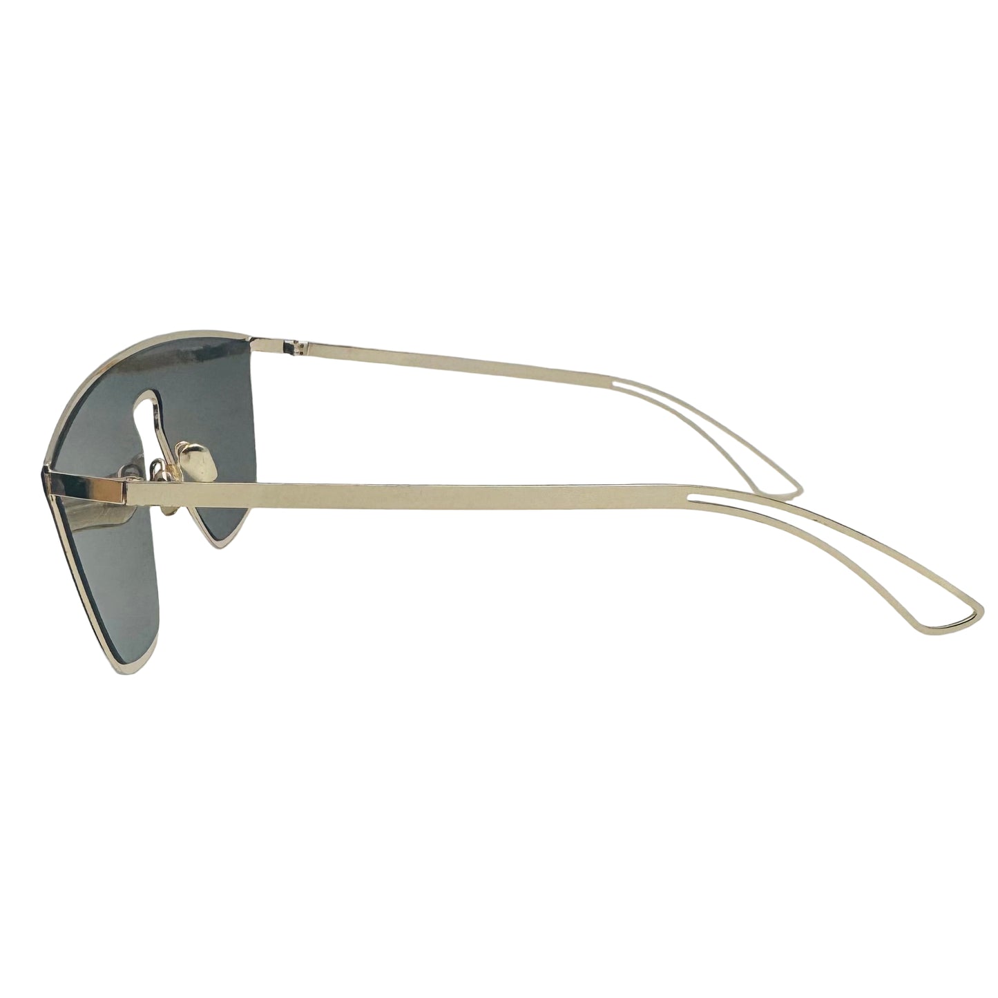 Gold-framed sunglasses with dark lenses on a light gray background