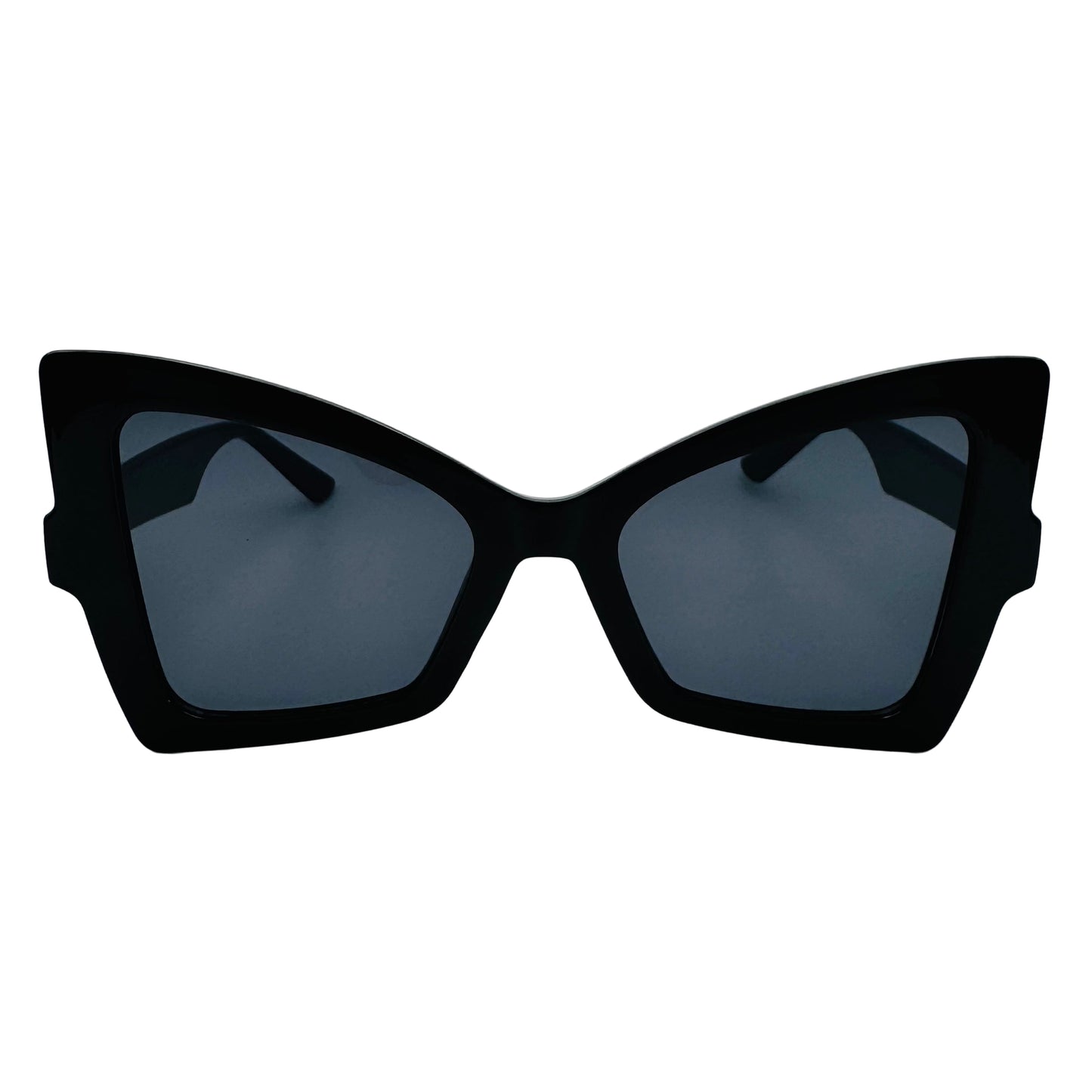 Black cat-eye sunglasses with dark lenses on a white background