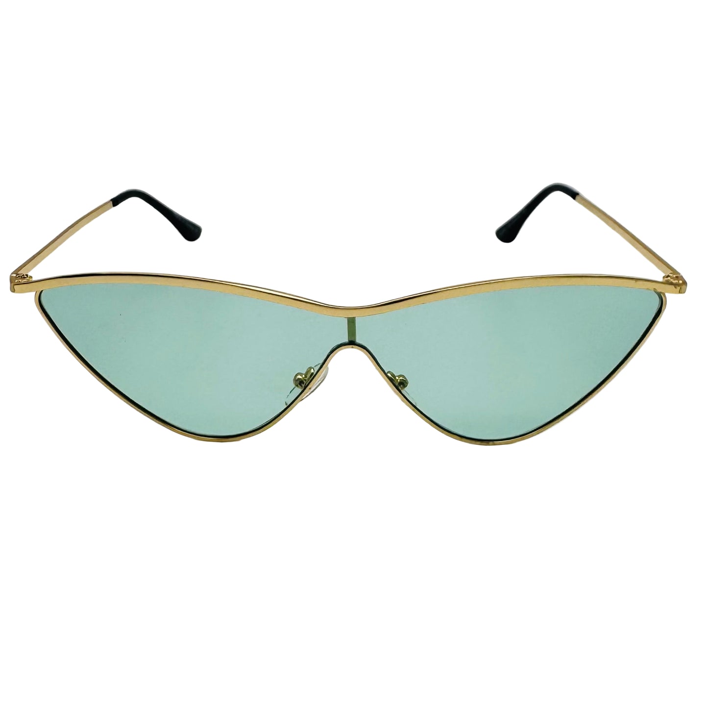 Sunglasses with gold frame and green lenses on a white background
