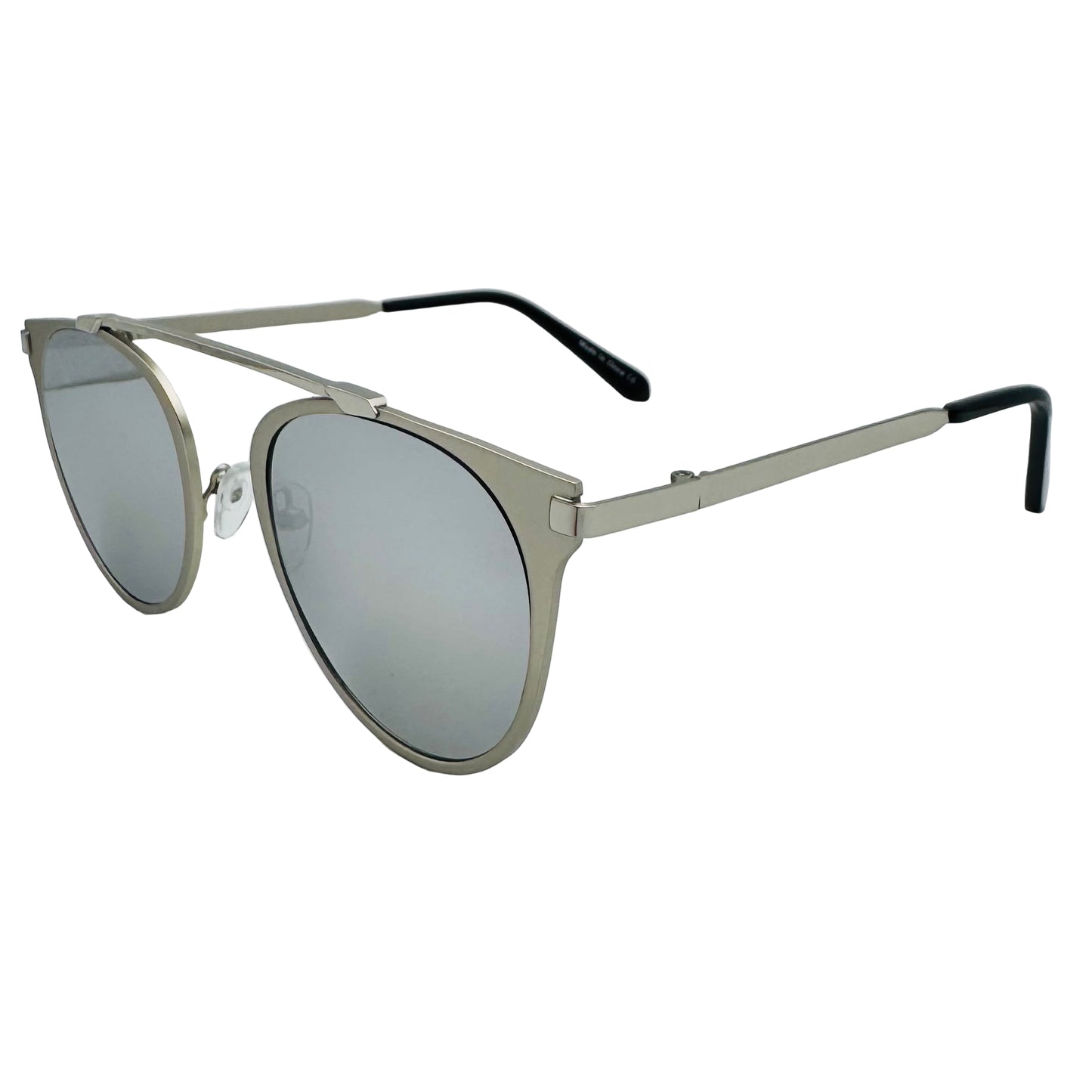 Sunglasses with metallic frame and reflective lenses on a white background