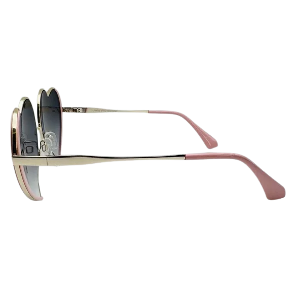 Sunglasses with gold frame and pink arms on a white background