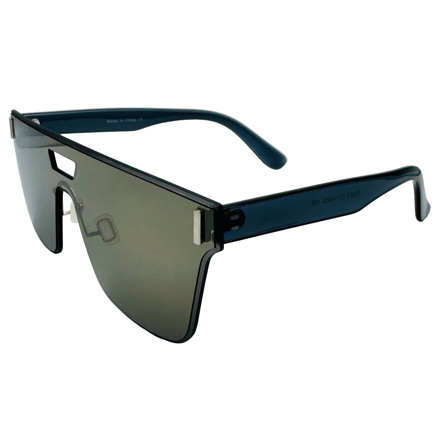 Sunglasses with dark blue frames and reflective lenses on a light gray background