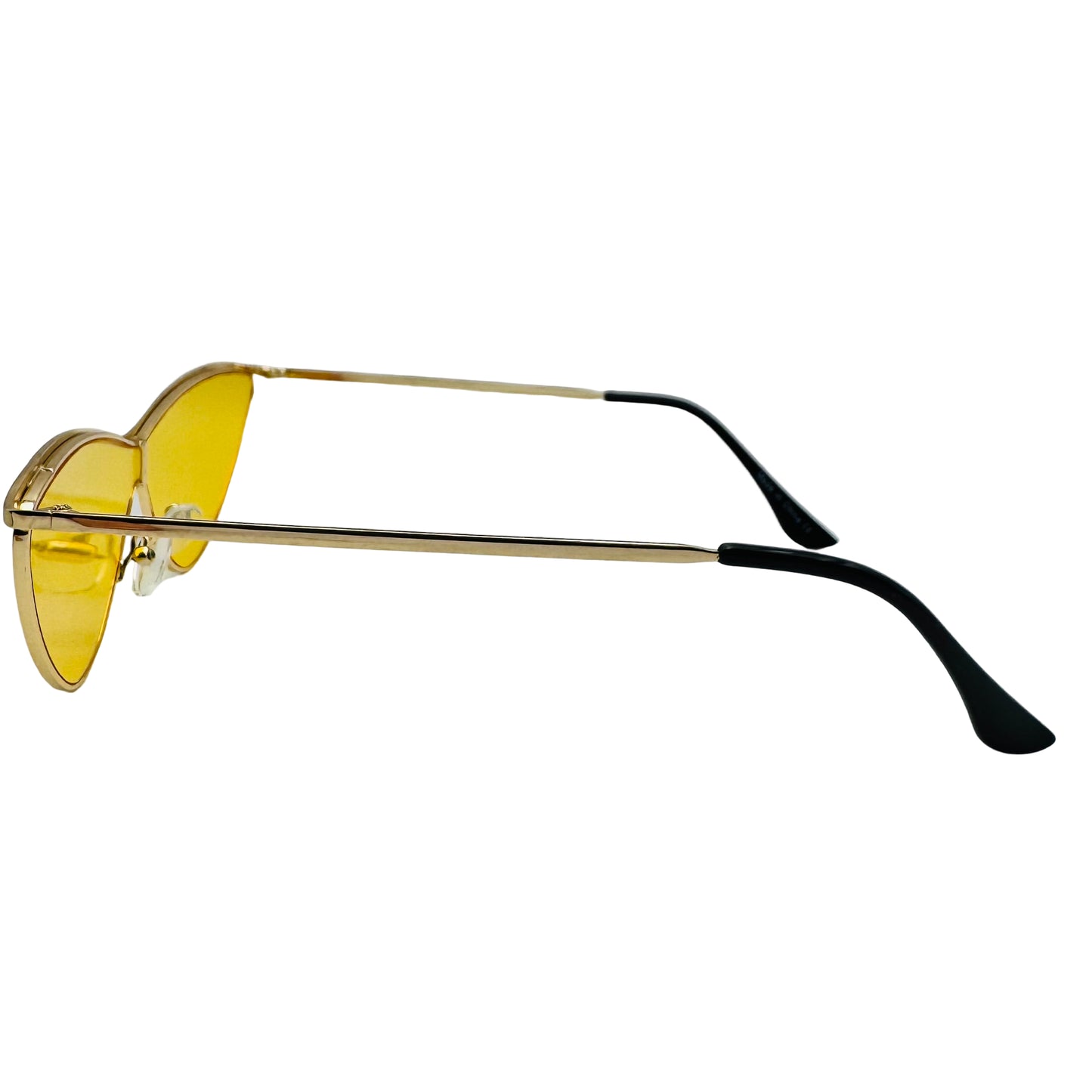 Sunglasses with yellow lenses and black frames on a white background