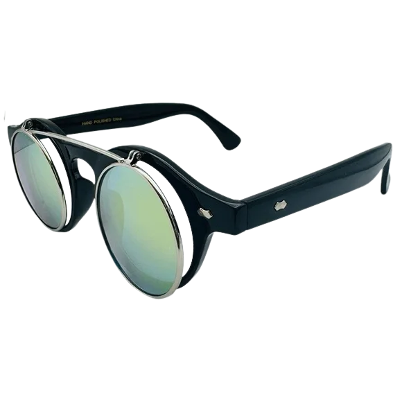 Black sunglasses with reflective lenses on a white background