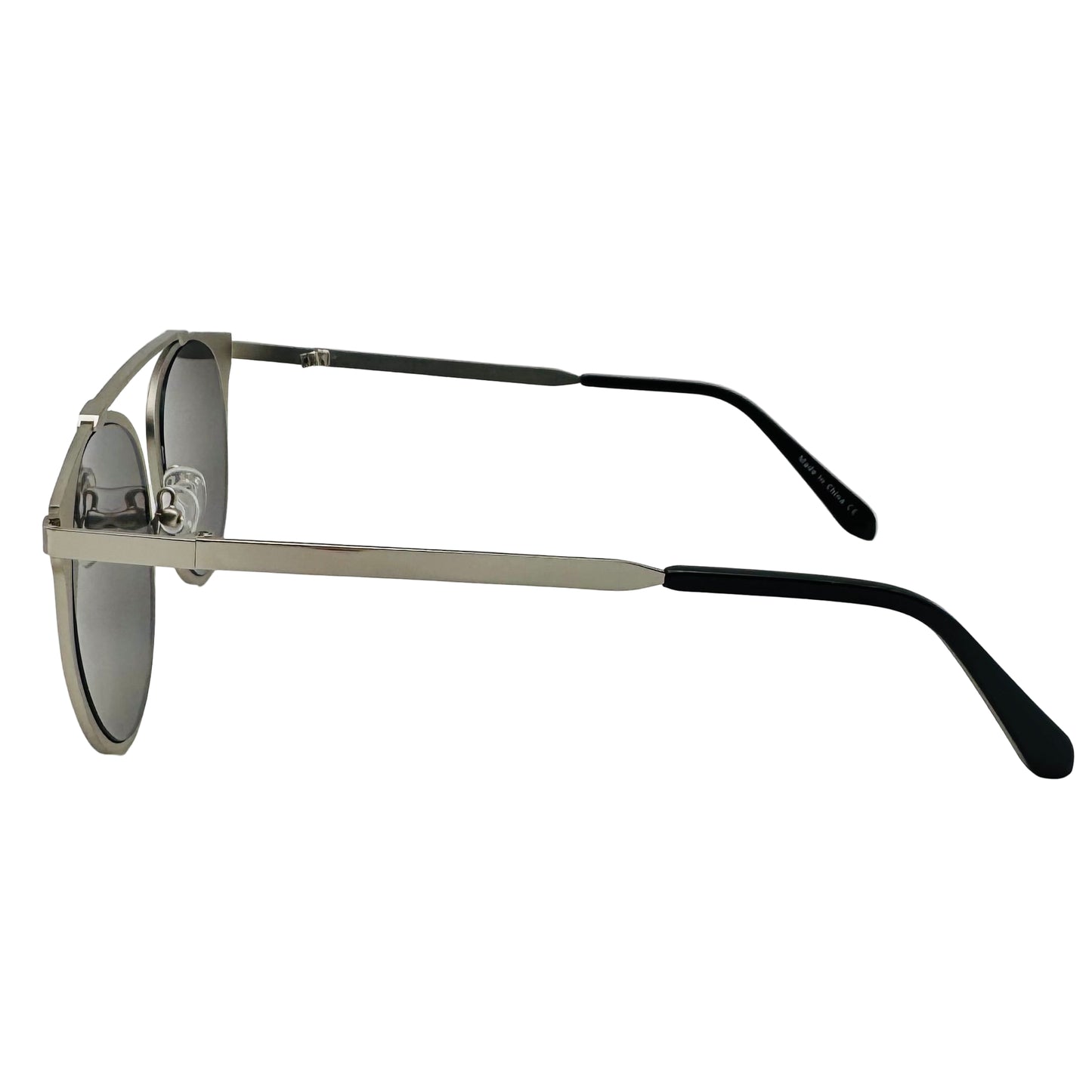 Sunglasses with black and silver frame on a light gray background