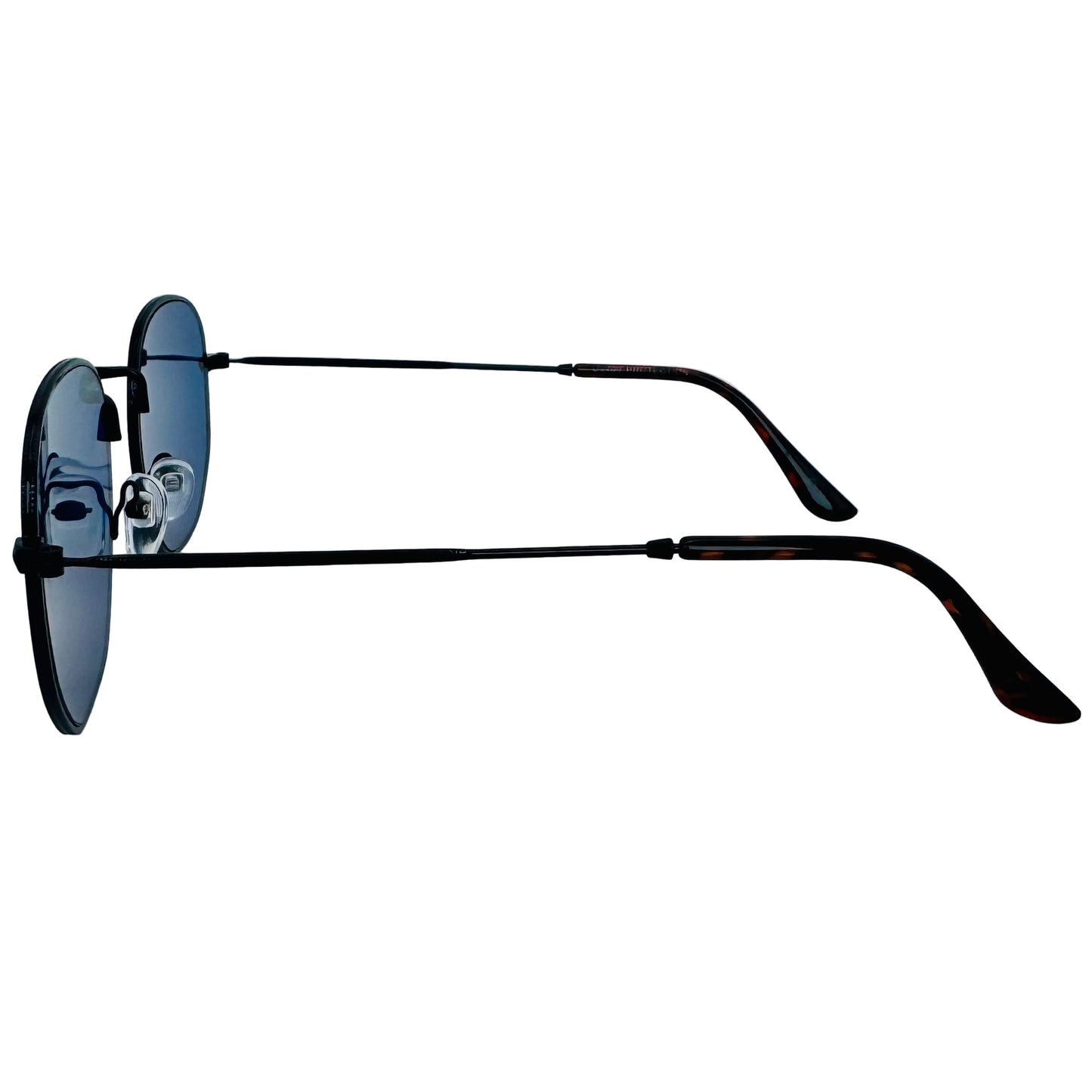 Black sunglasses with reflective lenses on a light gray background