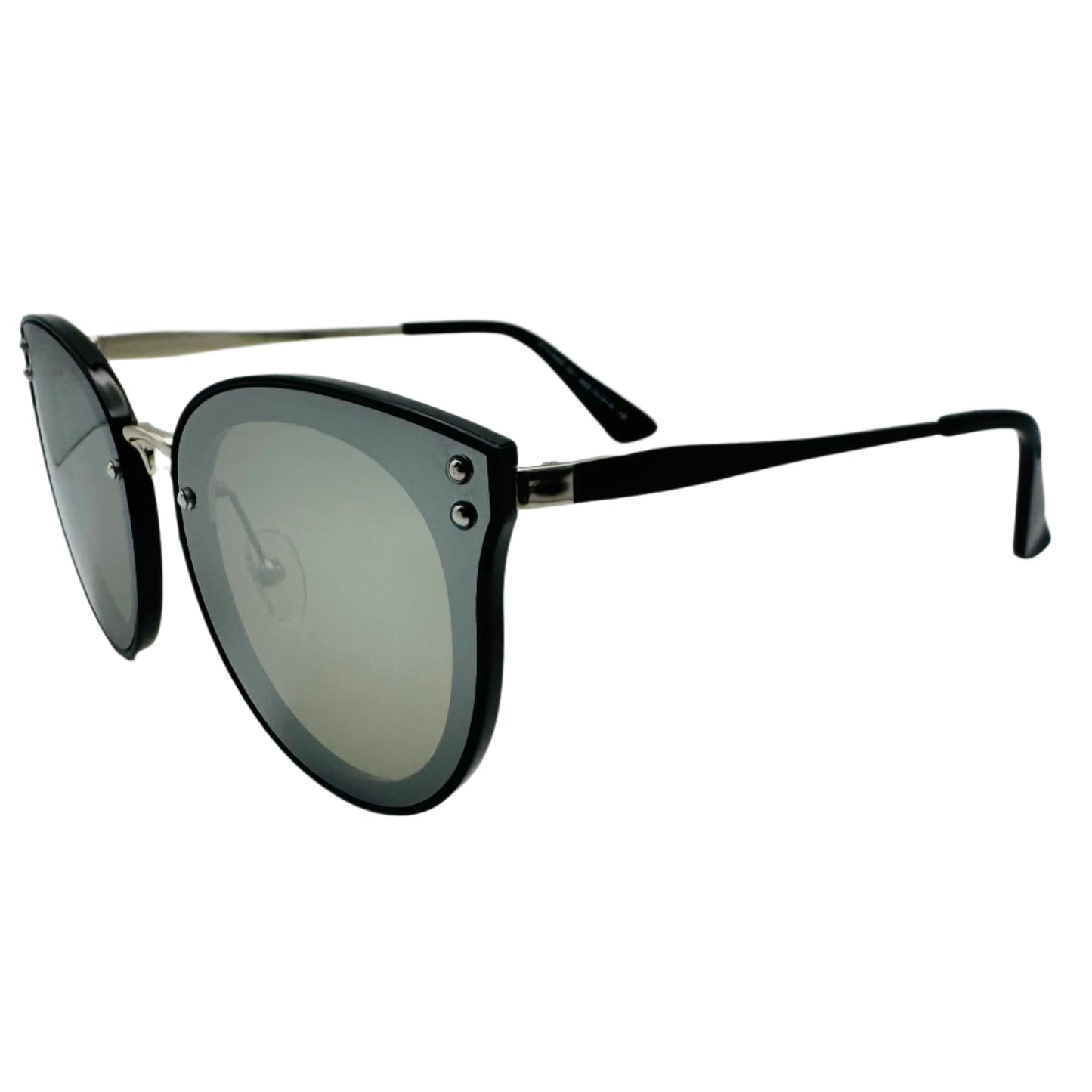 Sunglasses with black frame and reflective lenses on a light gray background