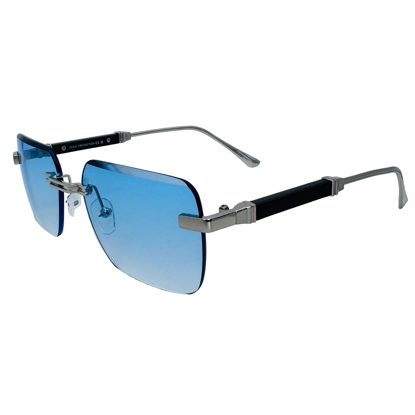 Sunglasses with blue gradient lenses and black and silver frame on a light gray background