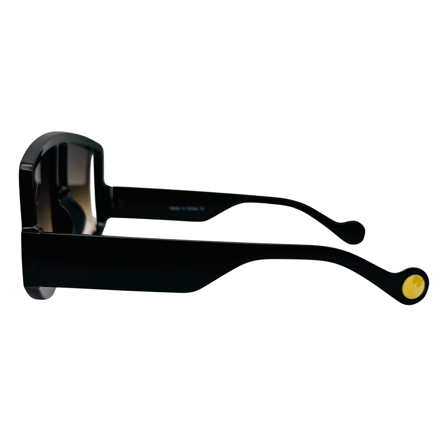 Black sunglasses with yellow accents on a white background