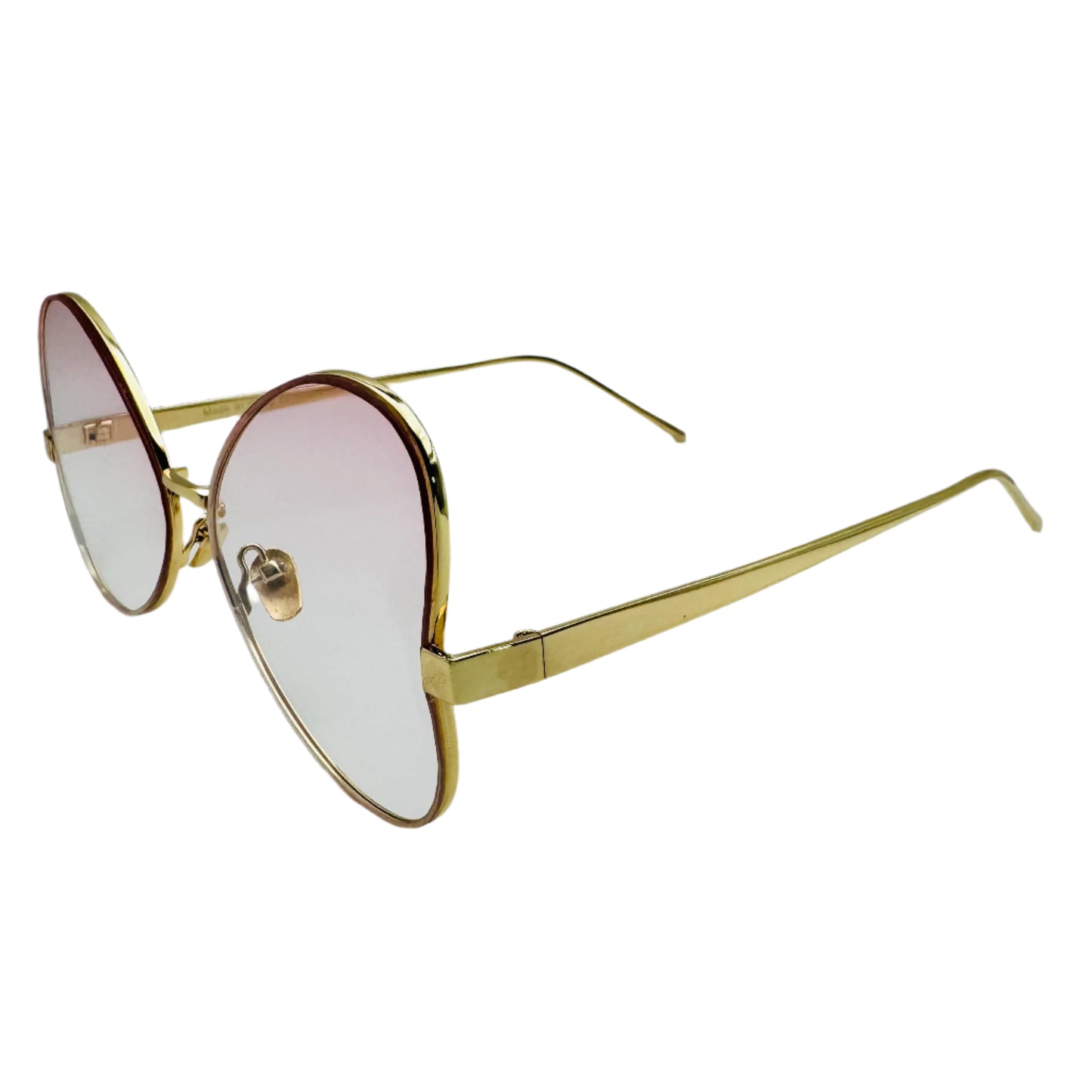 Gold-framed eyeglasses with pink-tinted lenses on a white background