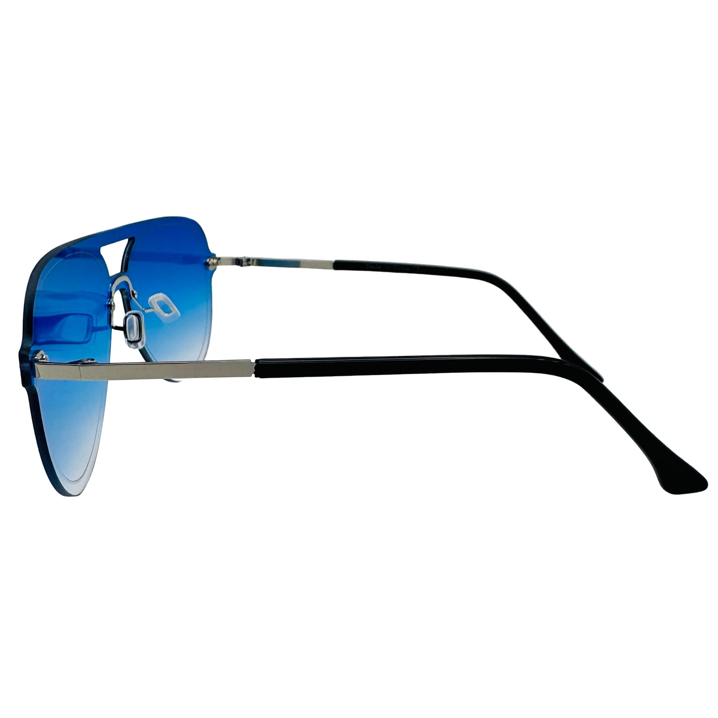 Sunglasses with blue lenses and black and silver frame on a light gray background