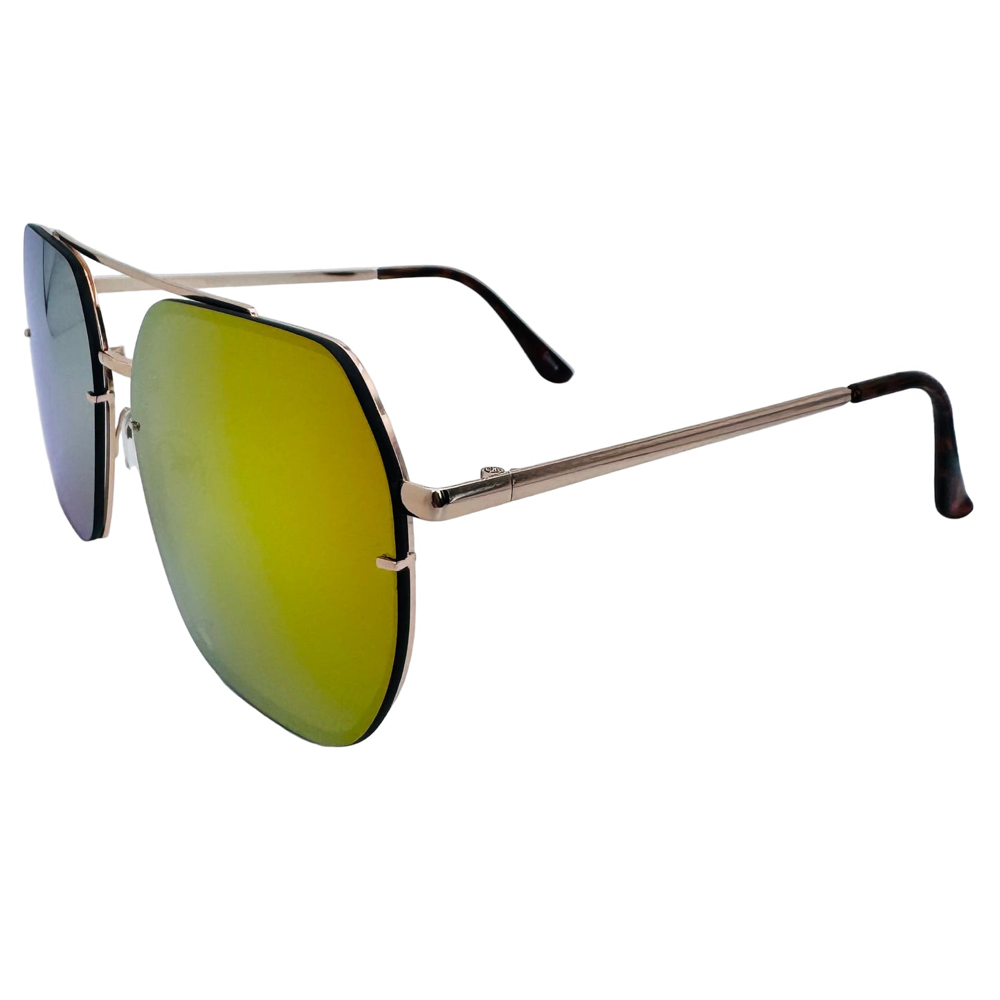 Sunglasses with gold frame and green lenses on a light gray background