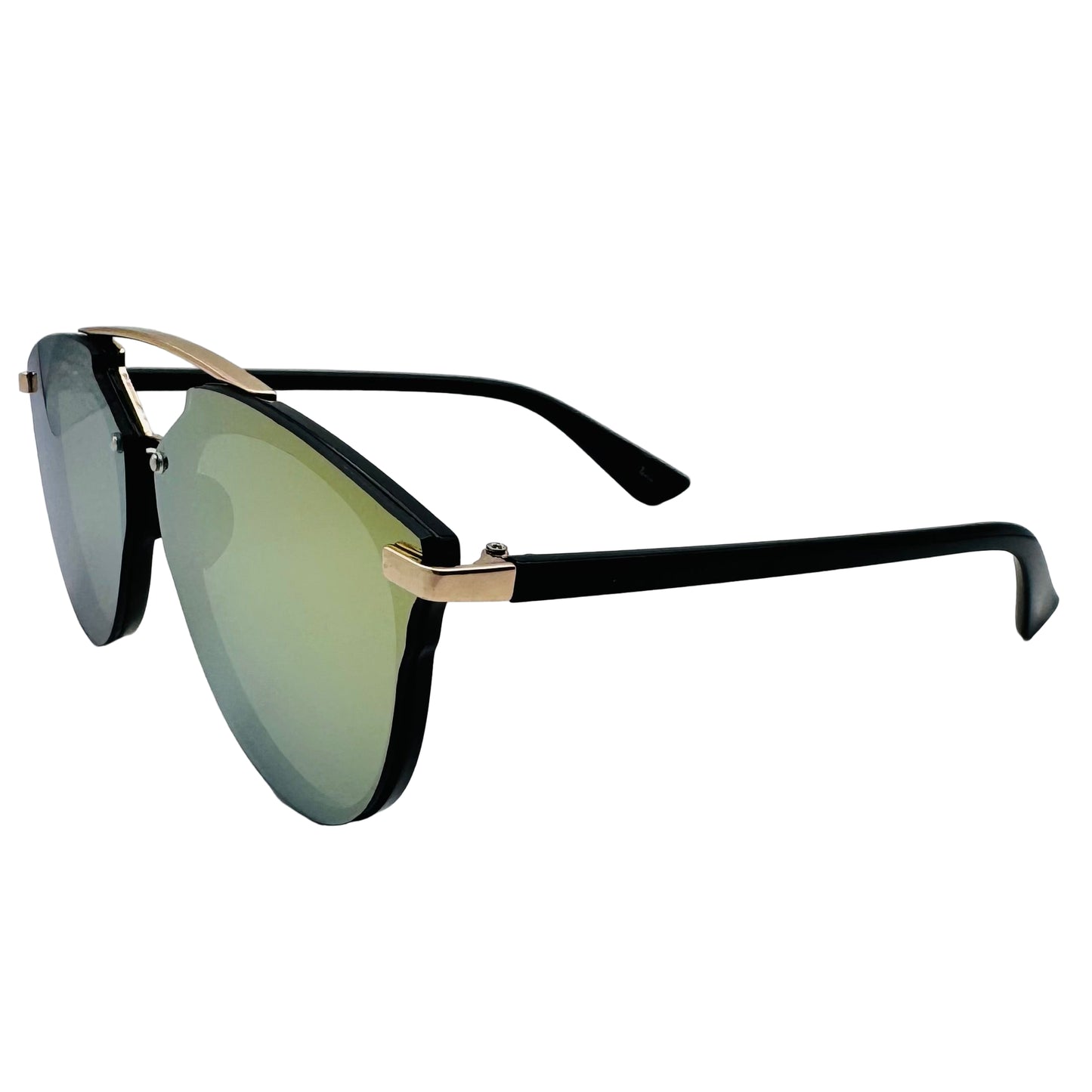 Sunglasses with black frame and green-tinted lenses on a white background