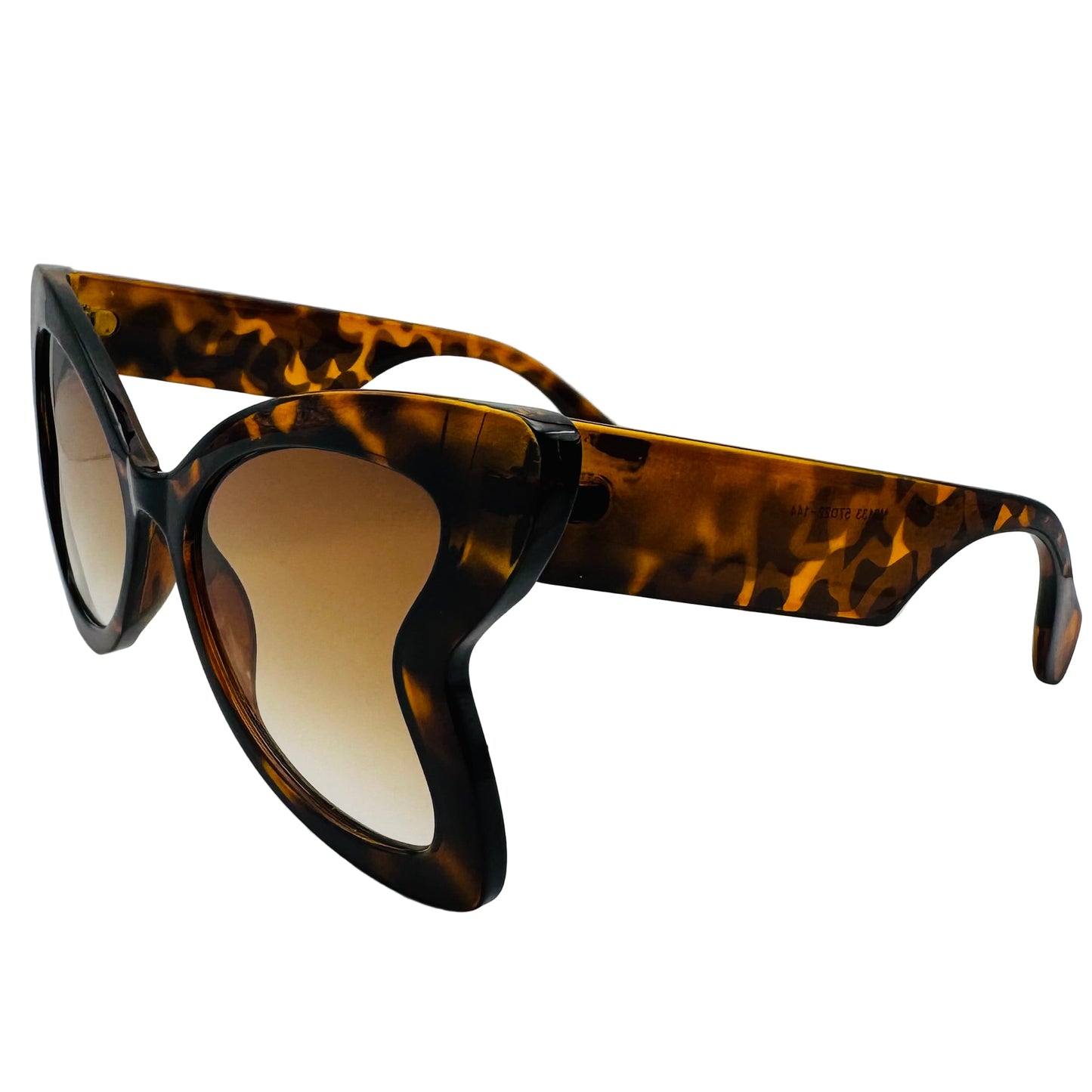 Sunglasses with tortoiseshell frame and brown lenses on a white background