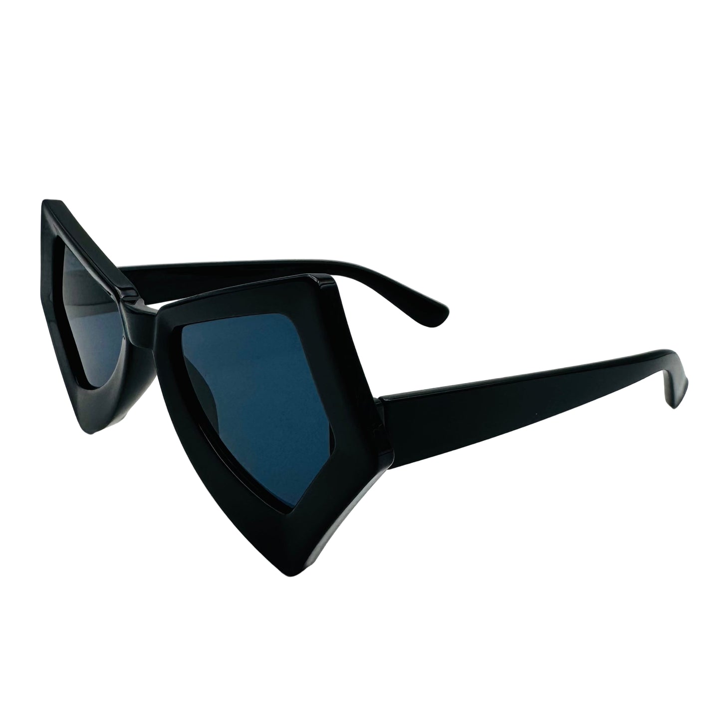 Black sunglasses with blue lenses on a white background