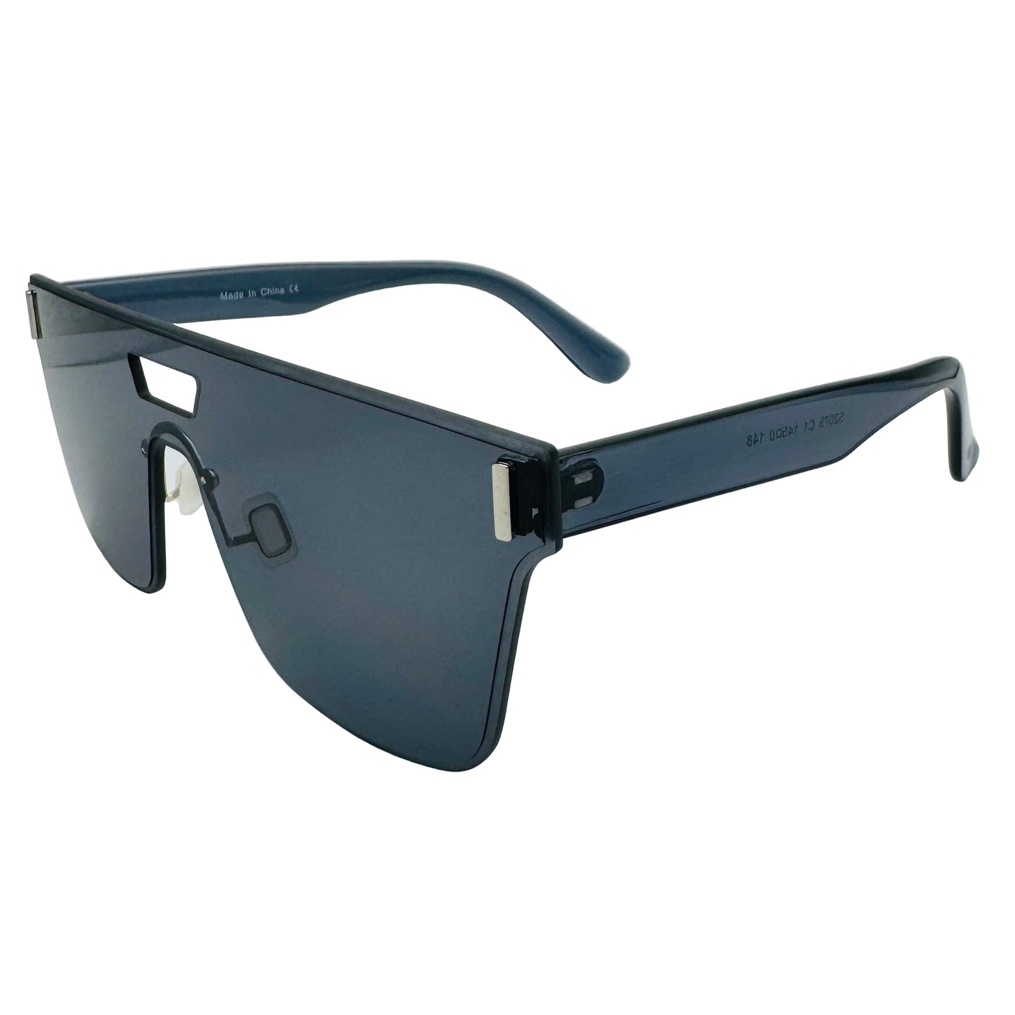 Black sunglasses with a unique design on a light gray background