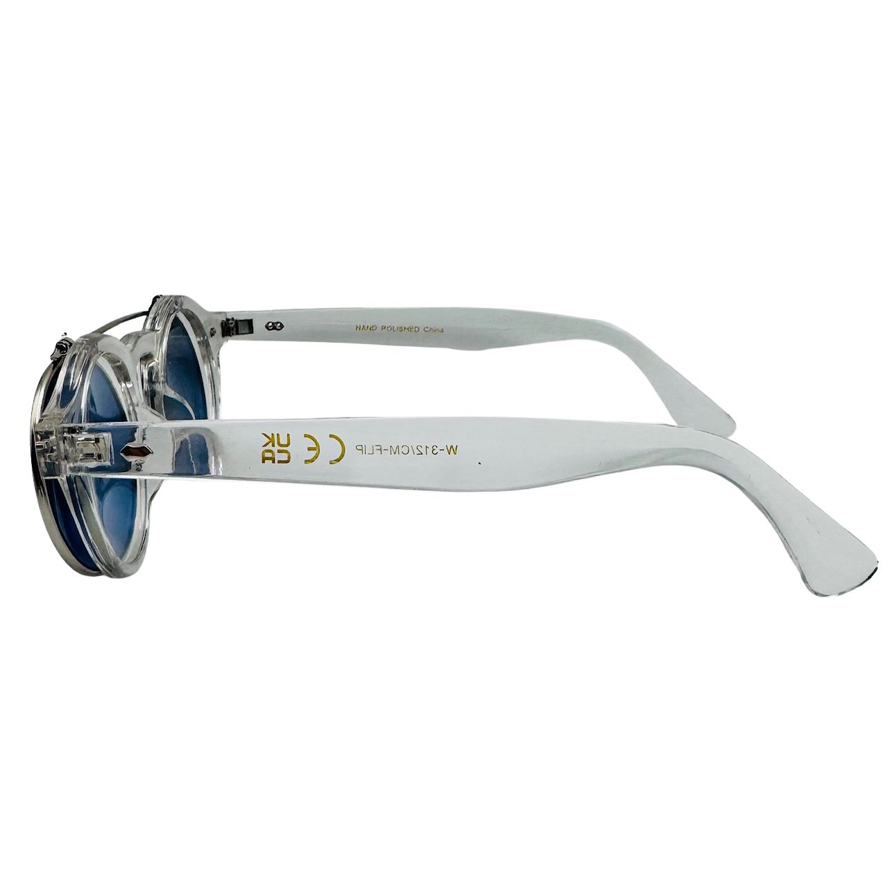 Sunglasses with a white frame and blue lenses on a white background