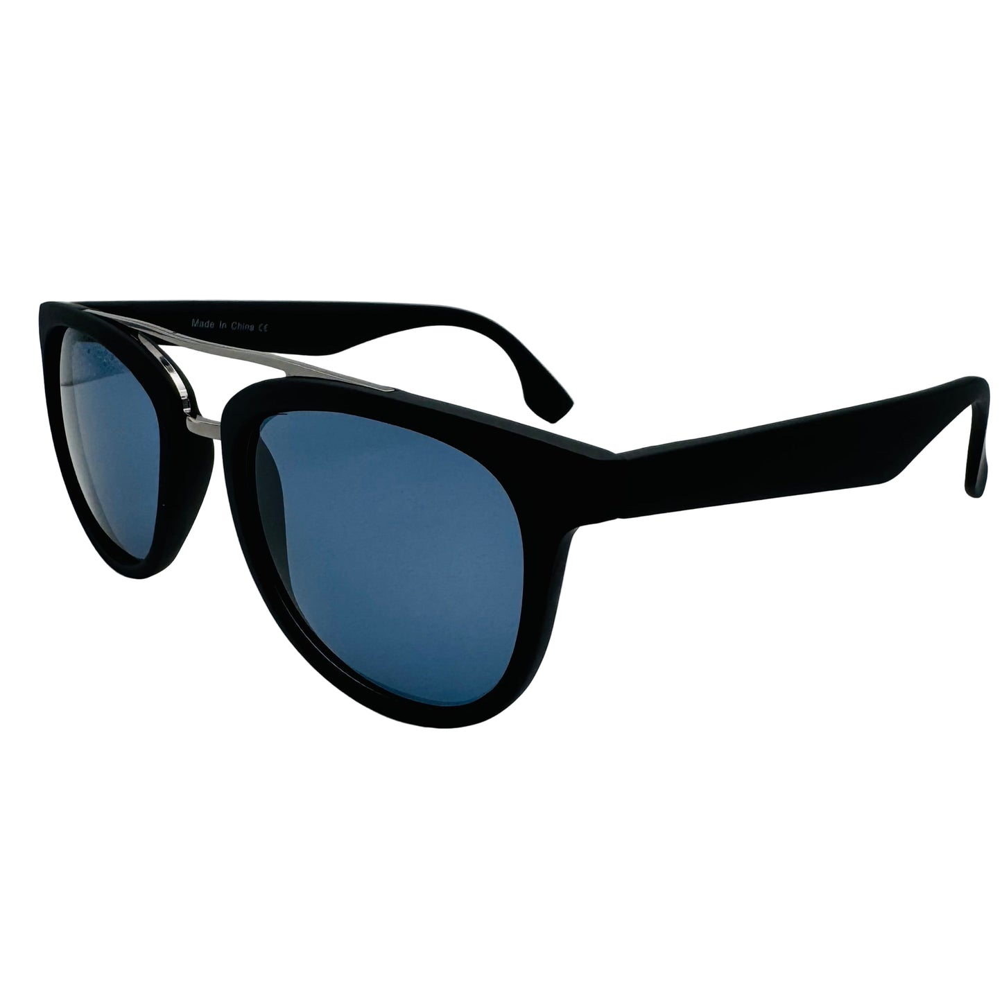 Black sunglasses with blue lenses on a light gray background
