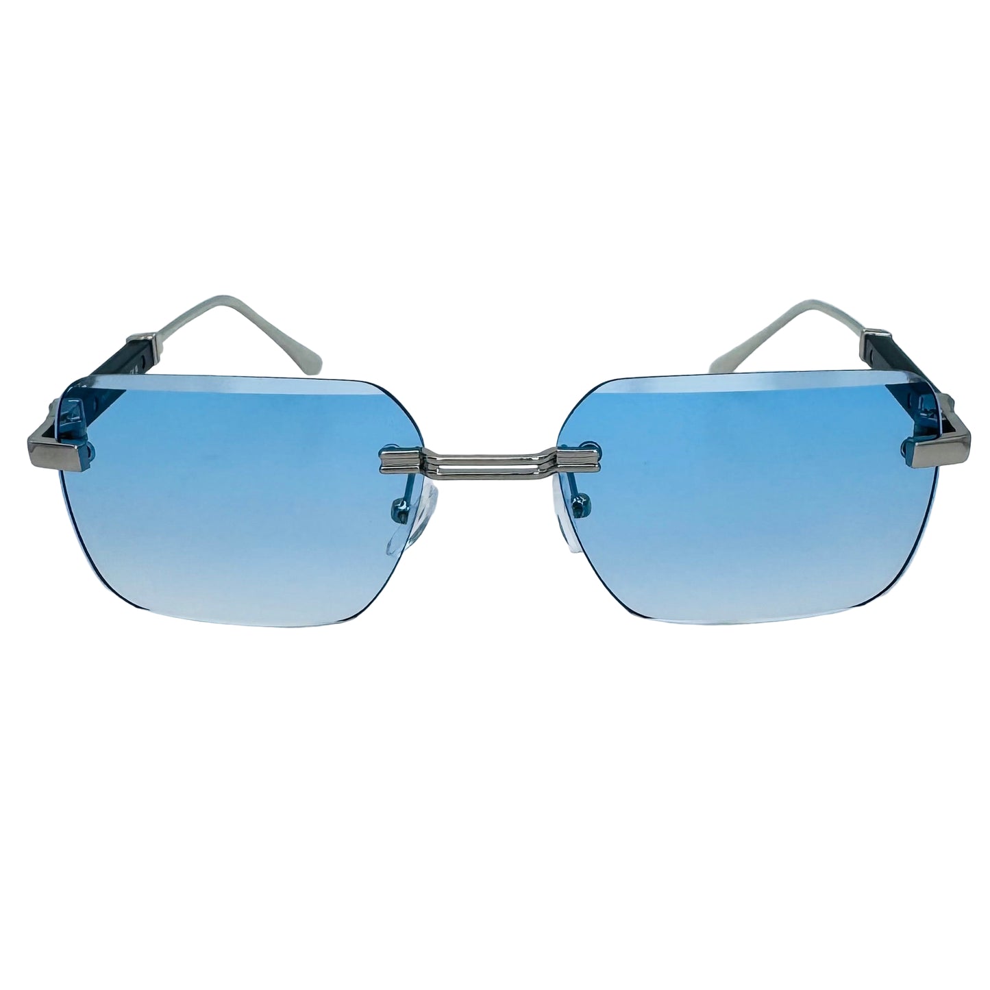 Sunglasses with blue gradient lenses and metallic frame on a light gray background