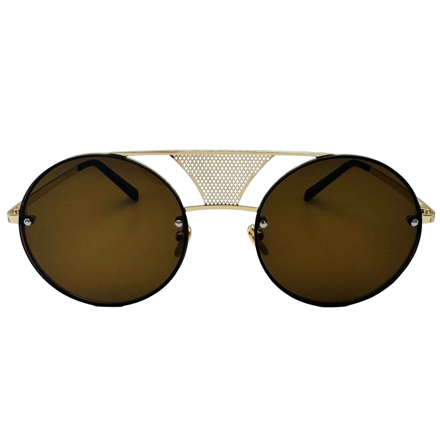 Sunglasses with gold frame and dark lenses on a light gray background